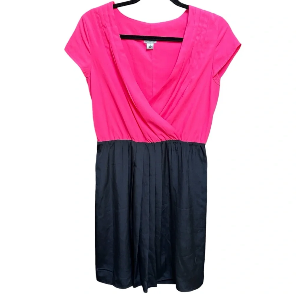 Worthington Short Sleeve Faux Wrap Dress Pink Black Color Block Surplice Mini 6